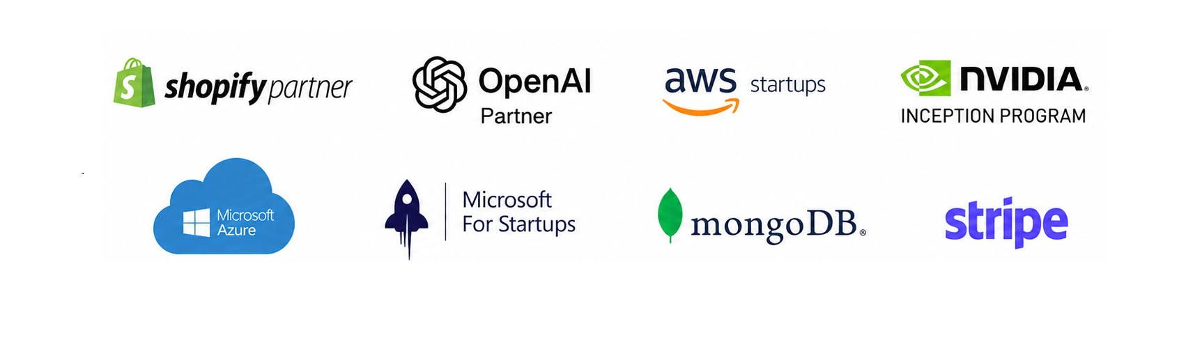 Shopify Partner, Stripe, AWS Startups, MongoDB, NVIDIA Inception Program, Microsoft Azure, Microsoft For Startups